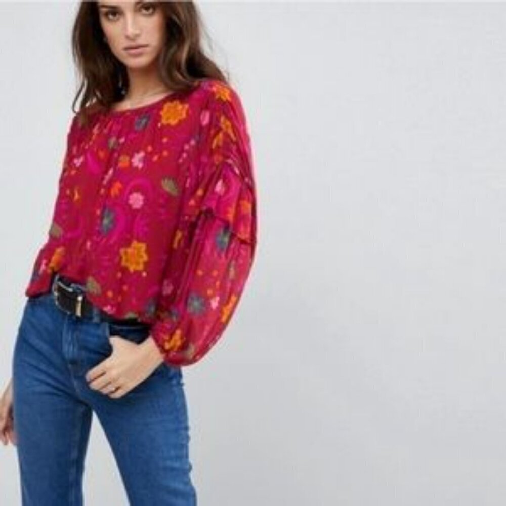 Free People Women's Peasant XS Pink and Red Blouse Boho Floral